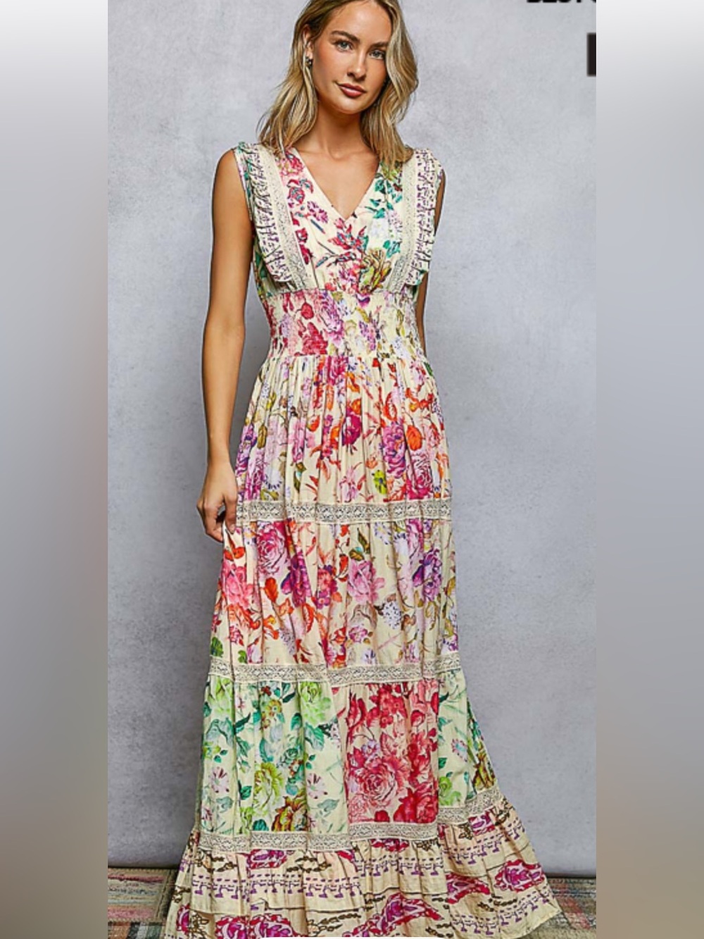 POL Cream Maxi Dress with Multicolor Floral Patchwork - Picture 3 of 6